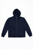 A navy zip-up hoodie featuring a hood and front pockets, with a logo on the label.