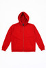 A red zip hoodie with a hood and front pockets. It includes a logo on the label.