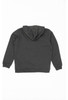 A grey hoodie featuring a hood and long sleeves, with a plain back design. It includes a branding logo.