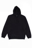 A black hoodie featuring a front pocket and drawstrings, with a logo on the front.