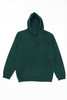 A dark green hoodie with a front pocket and a drawstring hood. It features a logo on the label.