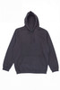 A dark grey hoodie featuring a hood and a front pocket, with a logo present on the design.