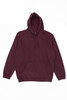 A burgundy hoodie with a kangaroo pocket and a hood, featuring a logo on the label.