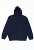 A navy hoodie featuring a front pocket and adjustable drawstrings, with a logo on the chest area.