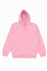 A pink hoodie with a front pocket and drawstrings, featuring a logo on the front.