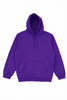 A purple hoodie featuring a front pocket and a drawstring hood, with a logo on the chest.