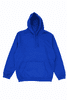 A blue hoodie with a front pocket and a drawstring hood, featuring a logo.