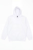 A white hoodie featuring a hood and a front pocket, with a logo on the front.