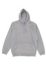 A grey hoodie with a front pocket and a drawstring hood, featuring a small logo.