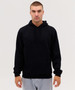 A black hoodie with a kangaroo pocket and drawstring hood, displayed on a model against a plain backdrop.