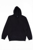 A black hoodie featuring a front pocket and a drawstring hood, with a logo on the front.