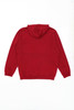 A red hoodie with a kangaroo pocket and a hood at the back, featuring a branding logo.