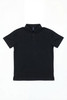 A black polo shirt featuring a collar and three buttons, with a logo on the chest.