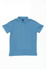 A light blue polo shirt with a collar and short sleeves, featuring a logo.