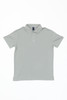 A light grey polo shirt with a collar and three buttons, featuring a branding logo on the inside neck.