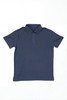 A navy blue polo shirt featuring a collar and three buttons, with a logo on one side.