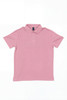 A pink polo shirt with a collar and a logo, featuring short sleeves and a placket with buttons.