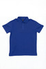A blue polo shirt with a collar and three buttons, featuring a logo on the chest.