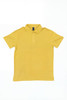 A yellow polo shirt featuring a collar and a logo. The shirt has short sleeves and a classic fit.