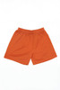 Orange sports shorts made from lightweight fabric with an elastic waistband and a logo.
