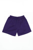Purple sports shorts with an elastic waistband and a logo.