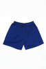 A pair of blue sports shorts with an elastic waistband, featuring a logo.
