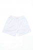 White sports shorts with an elastic waistband, featuring a logo on the side.