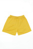 A pair of yellow sports shorts with an elastic waistband and a smooth fabric finish.