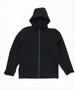 A black rain jacket with a hood, featuring a front zip and two side pockets. It has a logo displayed.