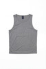 A grey singlet without sleeves, featuring a label and a simple design. It has one logo visible.