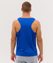 A man wearing a blue sleeveless singlet, viewed from the back, with grey shorts. The singlet features a logo.