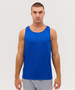 A blue singlet worn by a model, featuring a standard sleeveless design and a logo on the fabric.