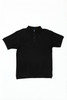A black polo shirt with a collar and three-button placket, featuring a logo on the chest.