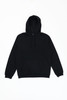 A black hoodie with a kangaroo pocket and a drawstring hood. It features a logo on the front.