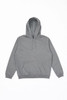 A grey hoodie with a front pocket and a drawstring hood, featuring a branding logo.
