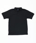 A black polo shirt with a collar, buttons, and a logo. Soft fabric with a smooth finish.