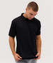 A black polo shirt with short sleeves and a collar, featuring a logo on the chest.