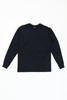 A black long sleeve tee with a crew neck and a logo featured on the neckline.