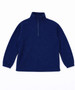 A navy blue polar fleece soft shell jacket featuring a quarter zip and long sleeves, with a logo present.