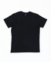 A plain black t-shirt with short sleeves and a round neckline, featuring a small logo tag.