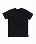 A black t-shirt with a plain back and short sleeves, featuring a logo on the label.