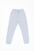 Light grey track pants with an elastic waistband and cuffs, featuring a drawstring closure.