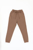 A pair of brown track pants with an elastic waistband and cuffed ankles. The pants feature a logo.