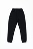 Black track pants with an elastic waist and cuffs, featuring a logo. Suitable for casual wear or lounging.