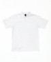 A white polo shirt featuring a collar and short sleeves, with a small brand logo on the chest.