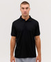 A black polo shirt is displayed on a model, featuring a collar and short sleeves. The shirt has a logo.