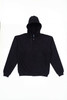 A black zip hoodie featuring a hood and front pockets, with a logo on the inside label.
