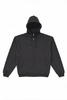 A black zip-up hoodie featuring a front pocket and a hood, with a logo visible on the fabric.