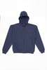 A navy zip-up hoodie with a hood and pockets, featuring a branding logo.