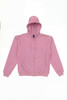 A pink zip-up hoodie featuring a hood and front pockets, with a small logo on the label.